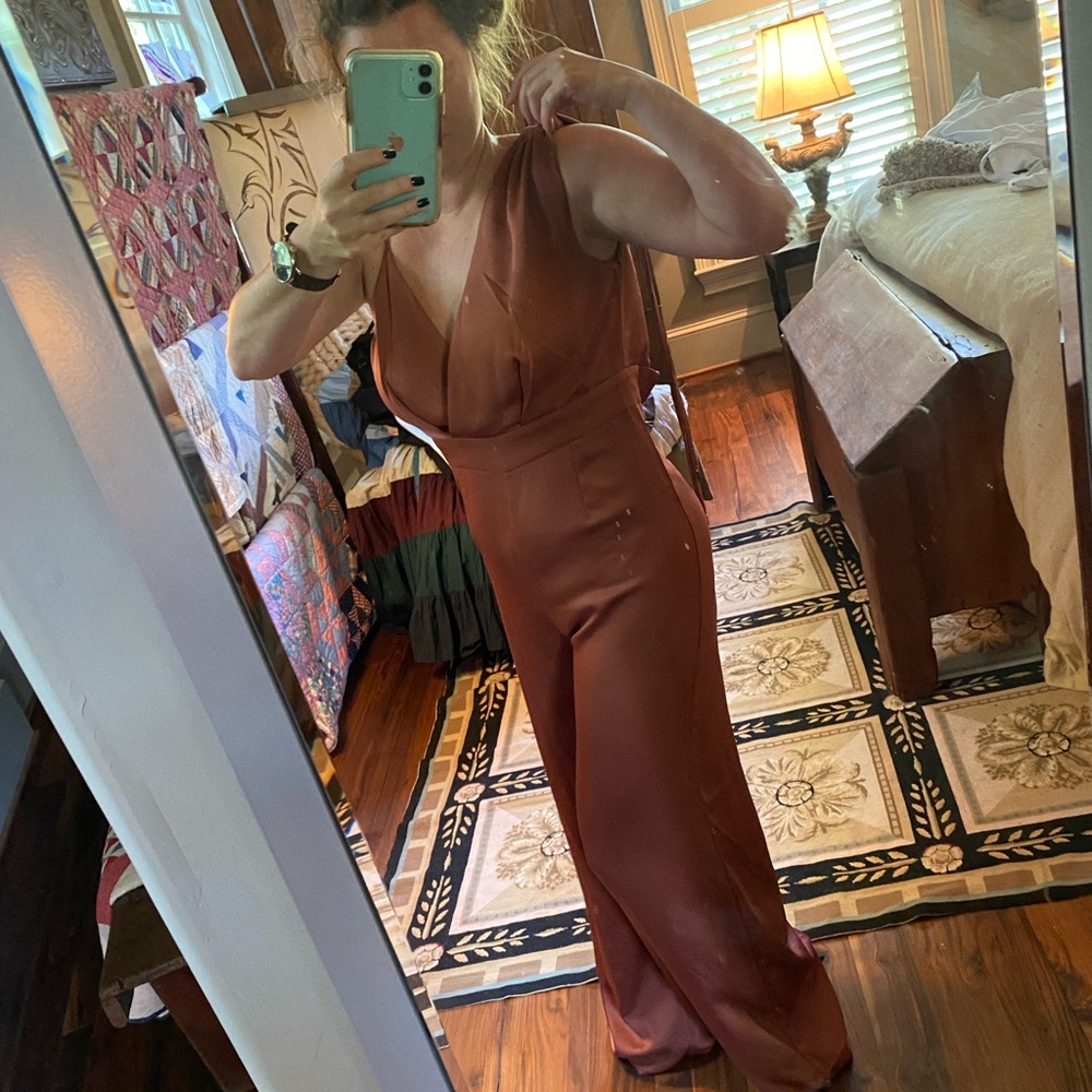 Lulu’s Satin Pink Look of Luce Rusty Rose Jumpsuit - Picture 7 of 11